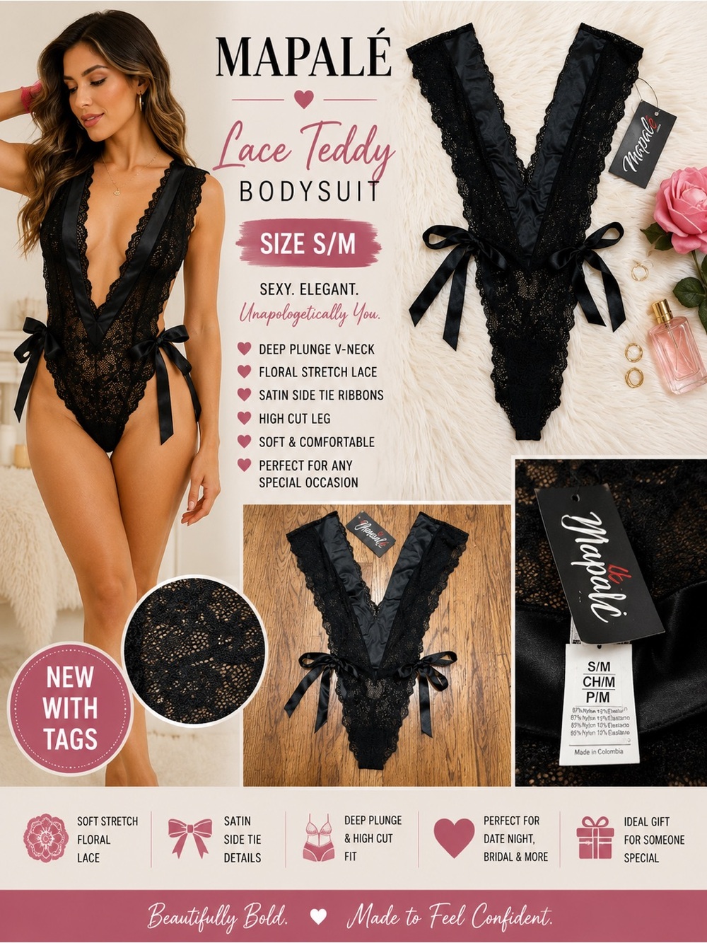 Mapalé Black Lace Plunge Teddy Bodysuit NWT Size S/M Wedding Christmas Honeymoon